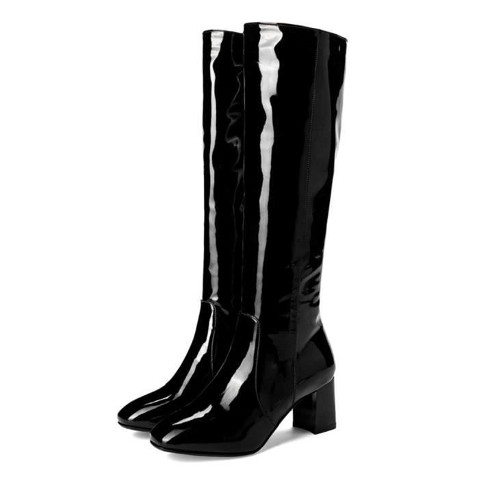 Mode femmes Bout carré de la hauteur du genou bottes longues Zipper épais talons  Chaussures Noir - Cdiscount Chaussures
