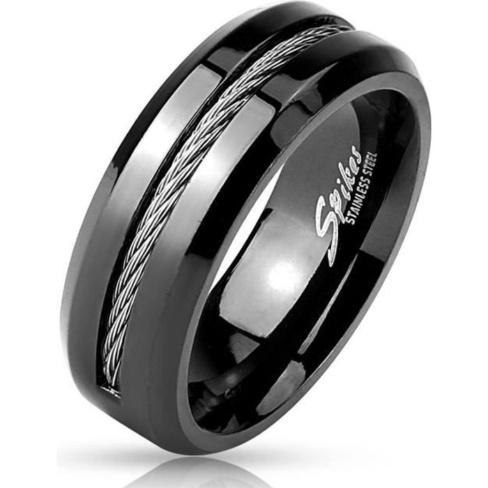 Bague anneau pour homme acier effet laqué noir et encoche câble (62)