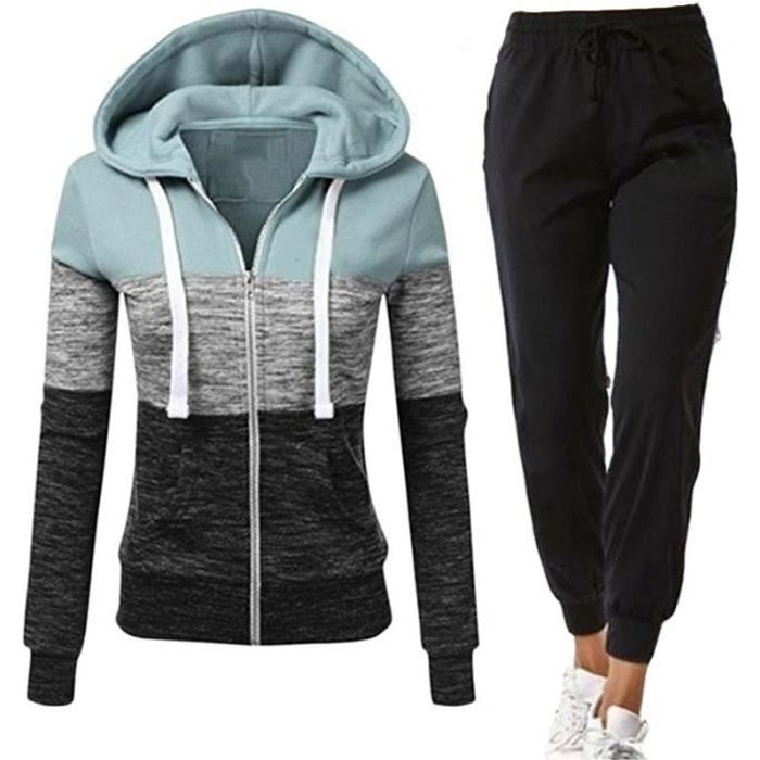 Survetement pour femme Sportswear Ensemble 2 pieces veste a capuche et pantalon Type 3 Blue grey Blanc Cdiscount Pret a Porter