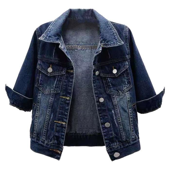 Freebily Veste d?�contract?�e Femme Jean Denim Manches Courtes 3/4 Jacket Casual avec Poches 