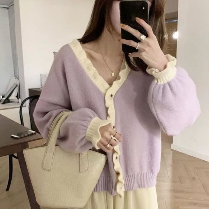 CRAZE Cardigan Femmes Style Patchwork All match Femme Chandail Court Loisirs Elegant Col En V Etudiants Doux Cosy Violet Cdiscount Pret a Porter