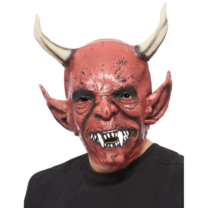 Masque Démon Halloween En Latex - Cornes Rouges, Couverture Complète Visage Et Cou, Pour Adulte Et Enfant