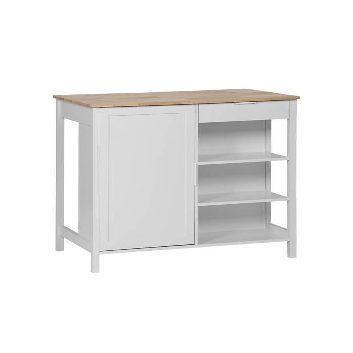 Îlot central de cuisine MOLENE. plateau en bois dhévéa. 120x75cm. blanc. 5 étagères. 1 porte. 1 tiroir. L 120 x P 75 x H 90cm