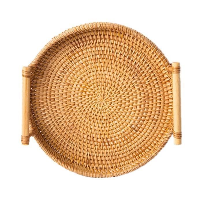 Plateau De Service Rond En Bois - 50 Cm (19,7") - Avec Poignées - Pour Table Basse, Ottoman, Repas