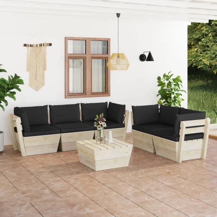 vidaXL Epicéa Imprégné Salon de Jardin Palette 6 pcs avec Coussins Meubles d'Extérieur Mobilier de Jardin Mobilier de Patio 3063520