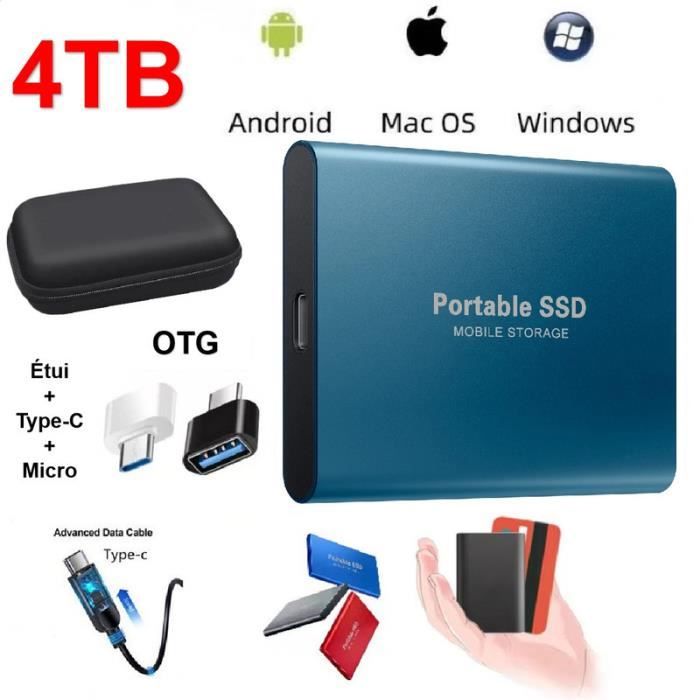 Disque Dur Externe Mini SSD Portable 4TB 4To Stockage Bleu avec OTG + Étui Housse Sac de Protection