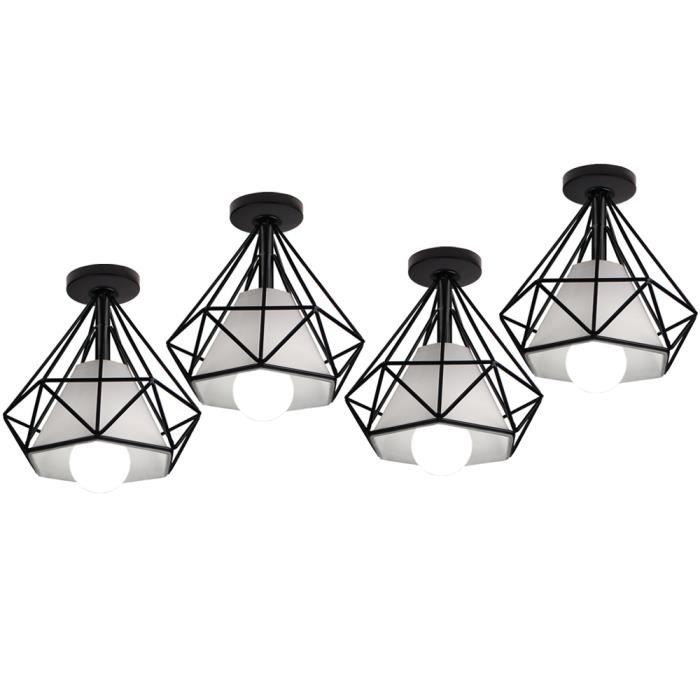 Plafonnier Cage Diamant en Métal Noir - WOTTES - UNI 20cm - 4 Ampoules - Style Campagne