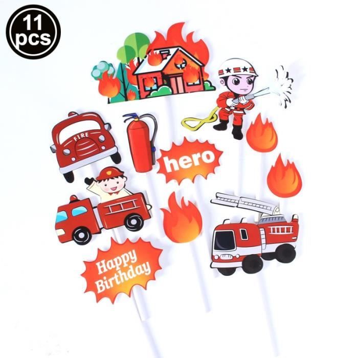 11pcs Decoration De Gateau D Anniversaire De Pompier Garniture De Gateau D Anniversaire De Camion De Feu Drapeau De Pompier Deco Cdiscount Maison
