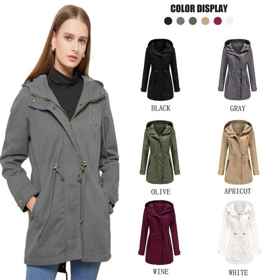 KQIVAM Manteau Long Femme Femmes Mode Couleur Unie Capuche Col Roulé Zippé Poche Manteau De Manteau Charge Veste De Pluie Longue Pour Femme Manteau à Capuche Coupe-Vent Imperméable D'extérieur