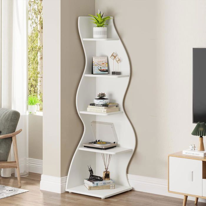 Étagère D'angle Moderne En Bois D'ingénierie – 5 Niveaux, Finition Texturée, Design Minimaliste, Pour Salon, Bureau Ou Chambre
