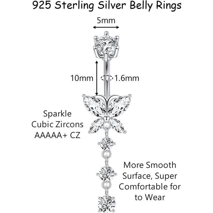 Piercings Nombril 14G Avec Pendentifs Cœur/papillon - Lot De 5, Argenté, Zircone, Pour Maillot De Bain Ou Soirée
