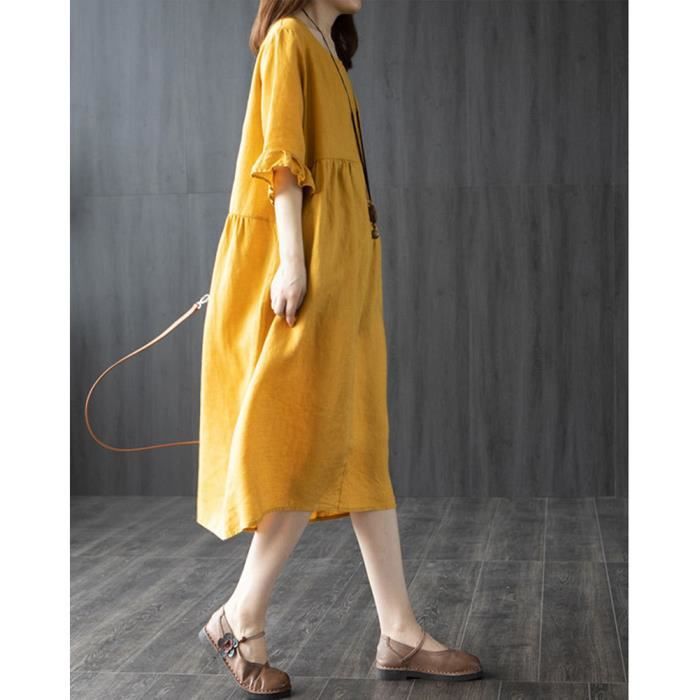 Robe Longue Femme Couleur Unie Coton Et Lin Col Rond Ample Grande