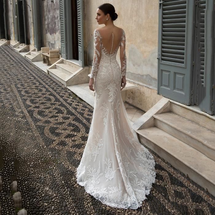 Robes de mariee robe en queue de poisson dos nu a manches longues Blanc Cdiscount Pret a Porter