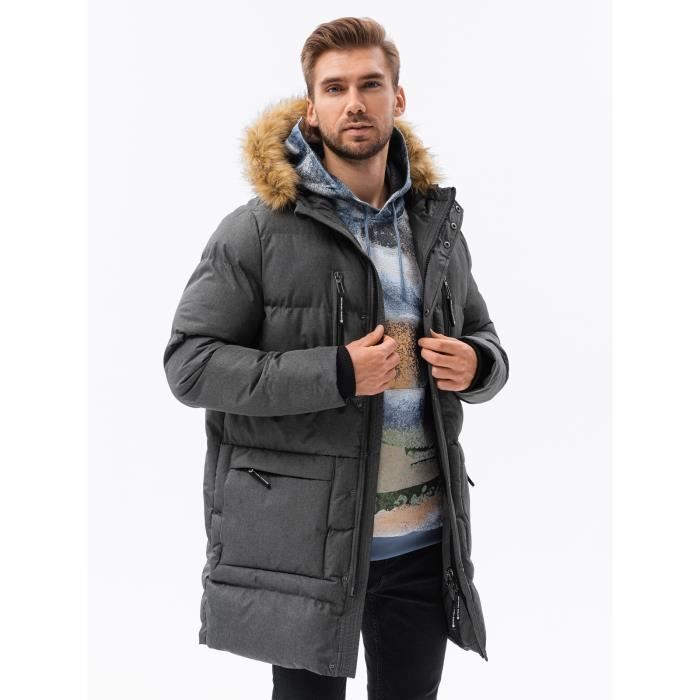 Blouson d hiver parka matelassee avec capuche Ombre Pour Homme Gris fonce Gris fonce Cdiscount Pret a Porter