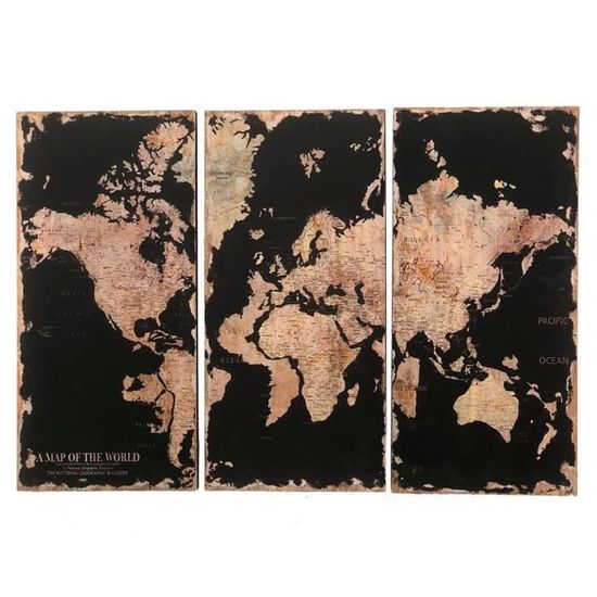 Grand Tableau Monde Mappemonde Impression Sur Bois Noir 120