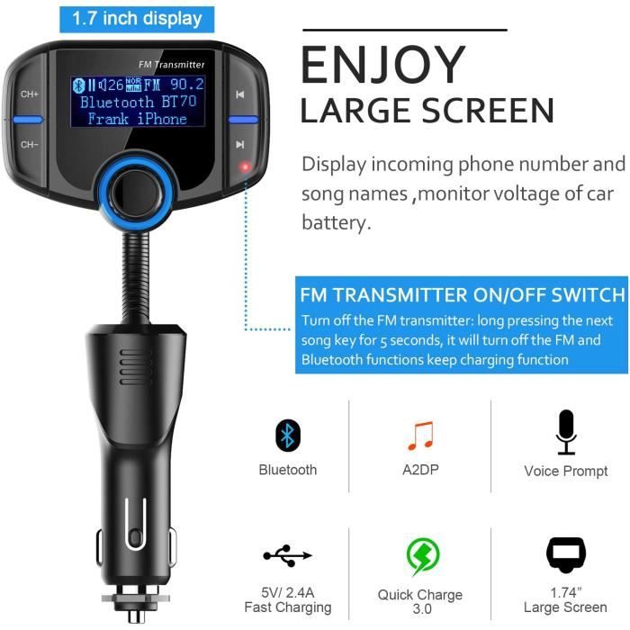 Avizar Transmetteur FM Bluetooth avec Chargeur Voiture USB QC 3.0 et USB-C  20W C2 Noir - Kit main libre - LDLC