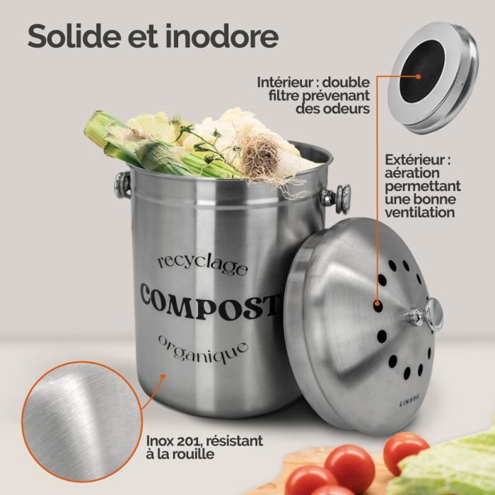 Composteur de cuisine 5L Inox Linxor - Bac à compost - Double filtre -  Design poubelle américaine - Cdiscount Jardin