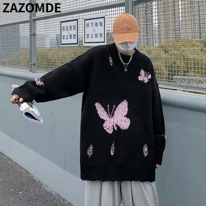 ZAZOMDE Pull Hip Hop de Style Coreen pour Homme Chandail Brode de Papillon Vetement Decontracte d Hiver Black F4147 Blanc Cdiscount Pret a Porter