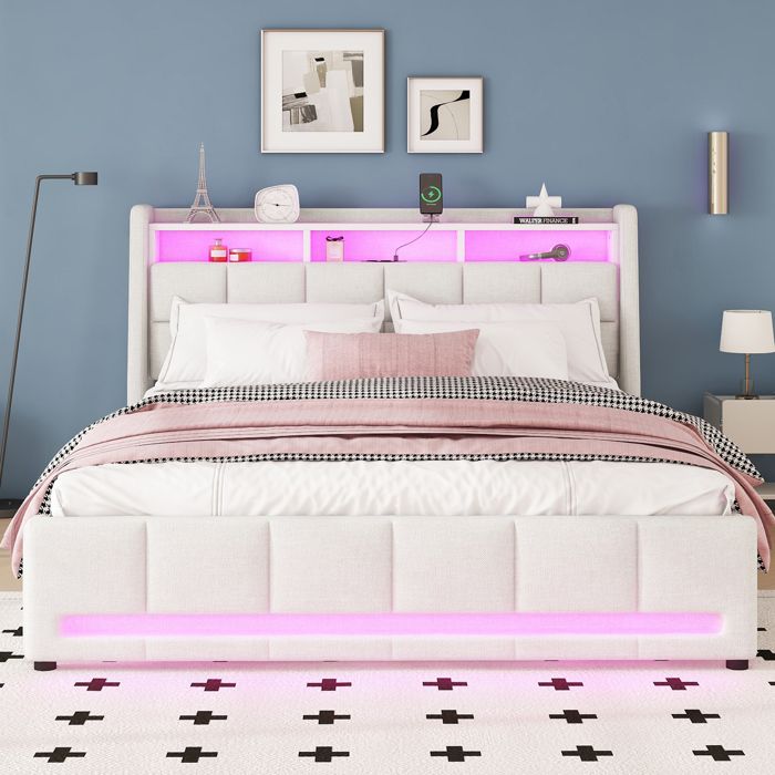 Lit Double 160x200 Cm Avec Rangement Et LED - Tête De Lit Capitonnée Beige Lin - Ports USB, Sommier à Lattes