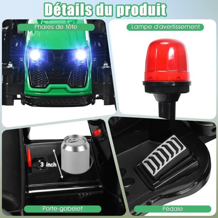 Tracteur électrique 12 V Avec Remorque – Télécommande Parentale – 8 Km/h – LED Et MP3 – Pour Tout-petits