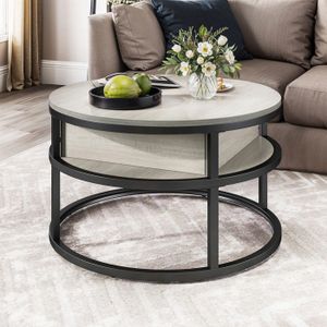 en.casa] Table Basse Ronde Transformable avec Plateau Relevable et Compartiment de Rangement Intérieur Table d'Appoint Moderne Stable Salon Panneau de Particules Acier 70 x 49 cm Blanc