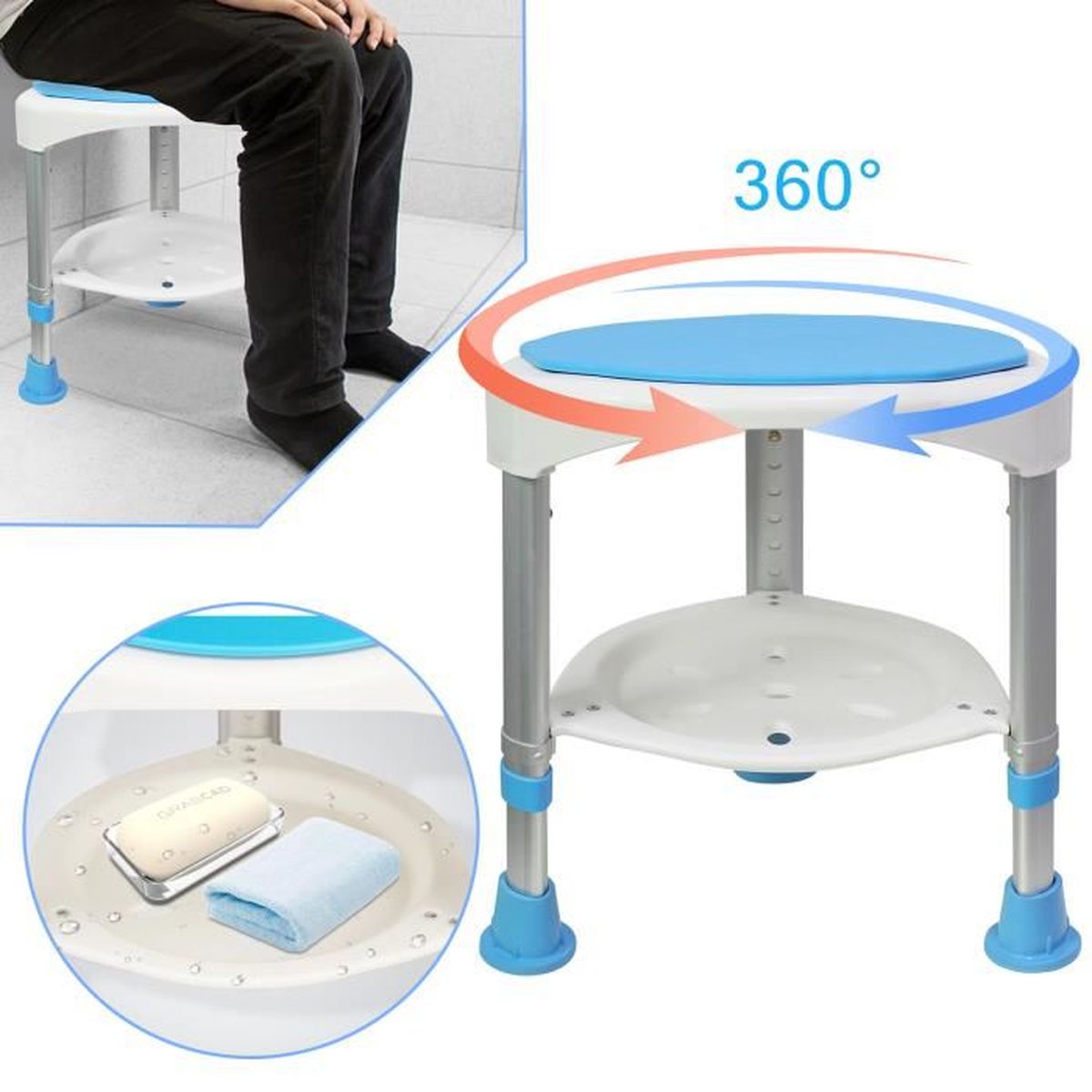 Tabouret De Douche Siège De Douche Antidérapant Tabouret De Bain Hauteur Reglable Pivotant A 360 En Aluminium 98995568