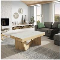 Table basse relevable Chêne blond/Marbre blanc - POPLO - L 110 x l 60 x H 44-58 cm