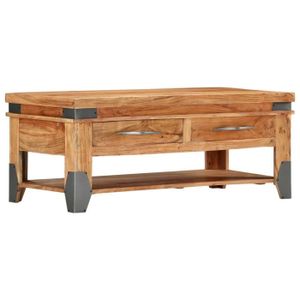 TABLE BASSE Table basse en bois d'acacia massif - MONSEUL - 110 x 55 x 45 cm - 2 tiroirs - 1 étagère