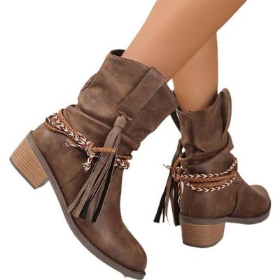 Bottes Femme Talon Carré Franges Bottes-Marron Marron Cdiscount