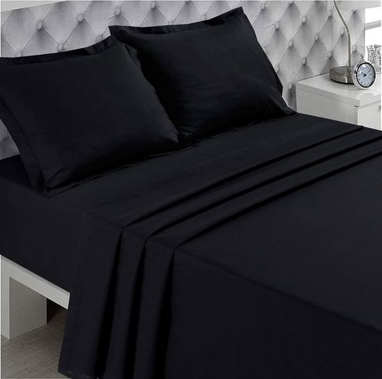 Drap Plat 100% Coton 57 Fils/cm² - 240x300cm, Noir, Qualité Supérieure
