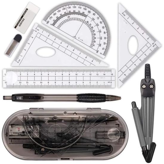 Kit Géométrie 7 Pièces Avec Compas à Engrenage - Pour étudiants, Dessin Technique, Architecture - Mallette Portable