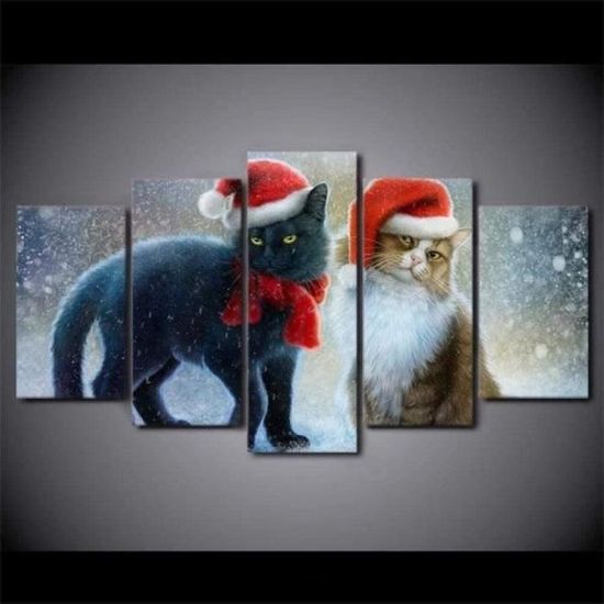 Peinture sur Toile 100x50cm 5 Panneaux Impressions sur Toile Chat De Noël Mur Art Photos Image Modulaire avec cadre[3992]