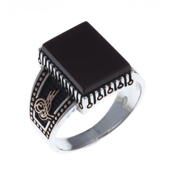 Bague Argent Rhodie Homme 3 Tons Imitation Akik Marron T