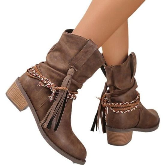 Bottes Femme Talon Carré Franges Bottes-Marron