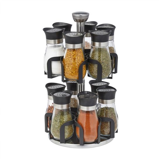 Relaxdays Tourniquet à Épices 16 Pots - Étagère Rotative 360° Inox Verre H25 X D17,5 Cm