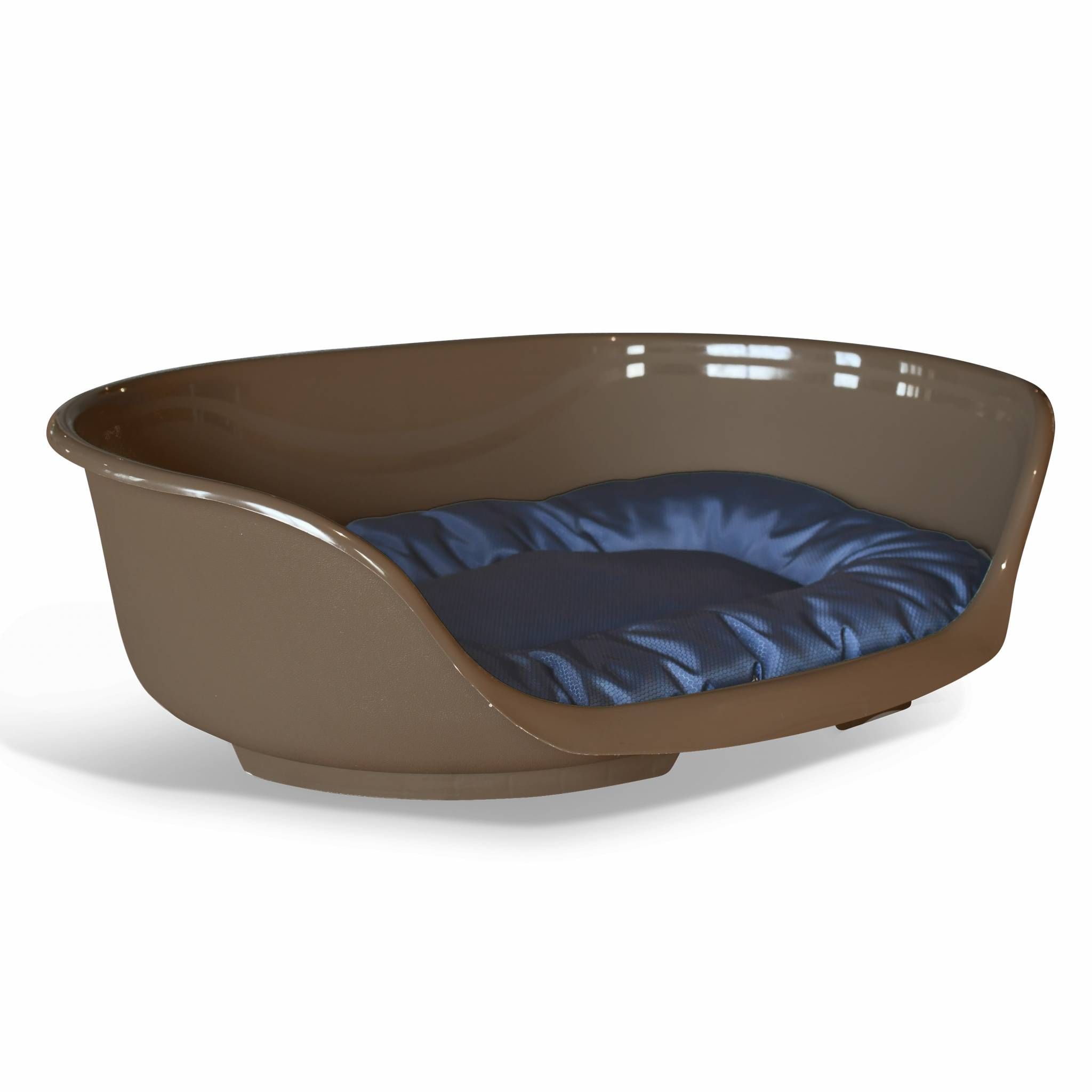 Corbeille en plastique marron pour grand chien, taille L + coussin en coton et en polyester gris et bleu marine 100 x 60 cm de forme