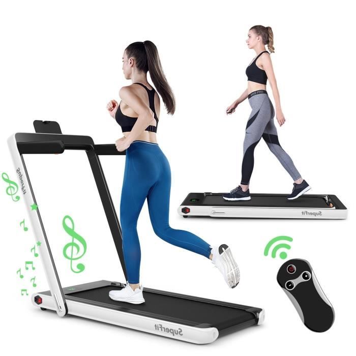 GYMAX Tapis de Course Pliable avec Télécommande & Écran LED, 1-12 KM/H, Grande Surface de Gourse, Jusqu'à 120KG, Contrôle APP, Blanc