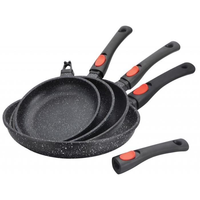 Lot de 4 poêles effet pierre 30,28,24 et 20 cm SHEPLER avec manche amovible
