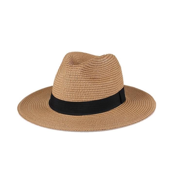 Kaki M 57cm -Chapeau de paille pour hommes et femmes, chapeau de soleil à large bord, casquette de plage Fedora, Protection UV