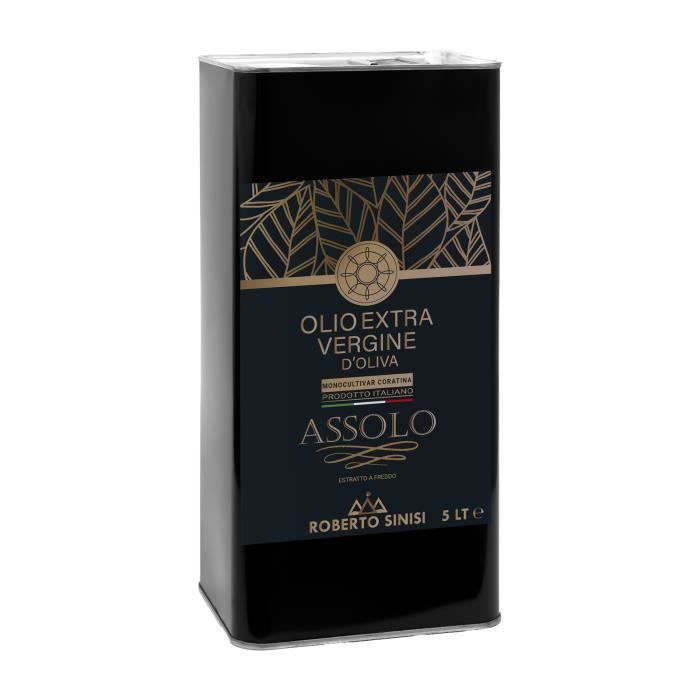 huile d'olive extra vierge produite en Italie. Huile d'olive extra vierge pressée à froid en bidon de 5 litres. Assolo Madrepuglia