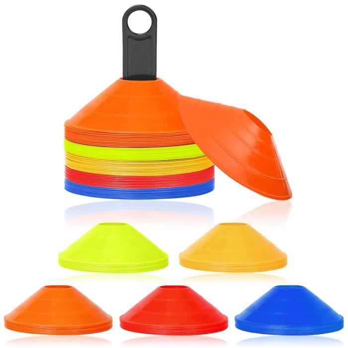 Aufun Lot de 50 Plots Entrainement, Plots De Marquage pour Football Cône, Cônes à Disque avec pylones (5 Couleurs)