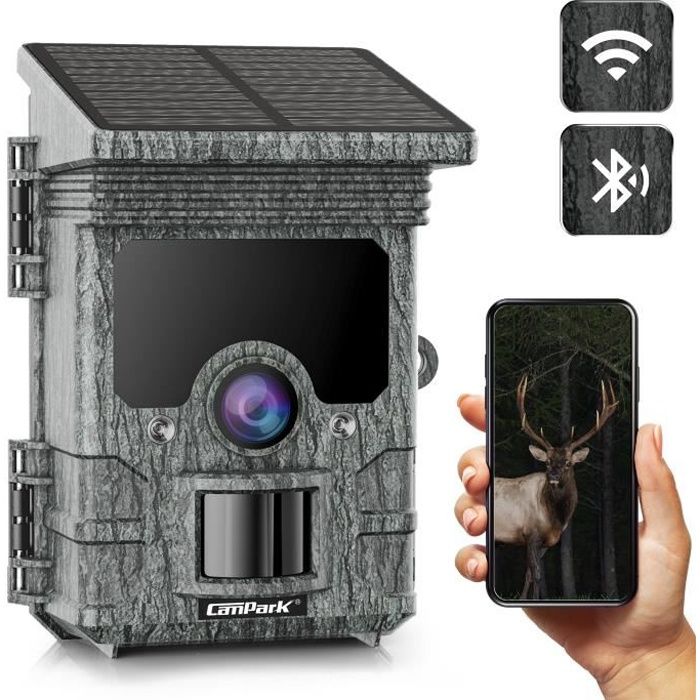 CAMPARK Camera de chasse 4K / 30MP WIFI + Bluetooth, Panneau solaire intégré,Batterie au lithium 4400MA,Vision nocturne IR,IP66