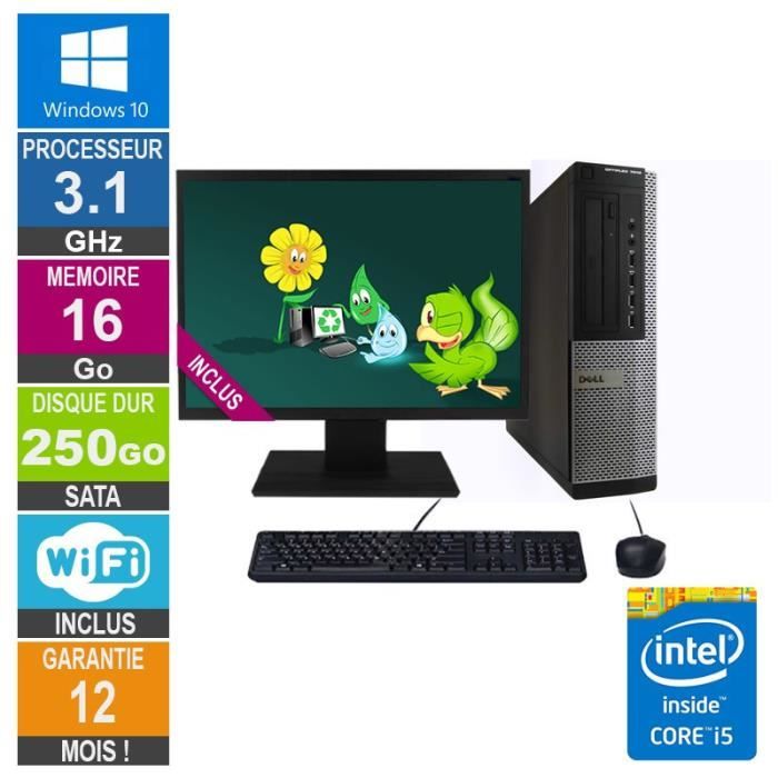 PC Dell Optiplex 7010 DT Core i5-2400 3.10GHz 16Go/250Go Wifi W10 + Ecran 22