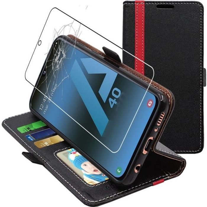ebestStar ® pour Samsung A40 Galaxy SM-A405F - Etui Portefeuille PU Cuir + Film protection écran en VERRE Trempé, Noir / Rouge