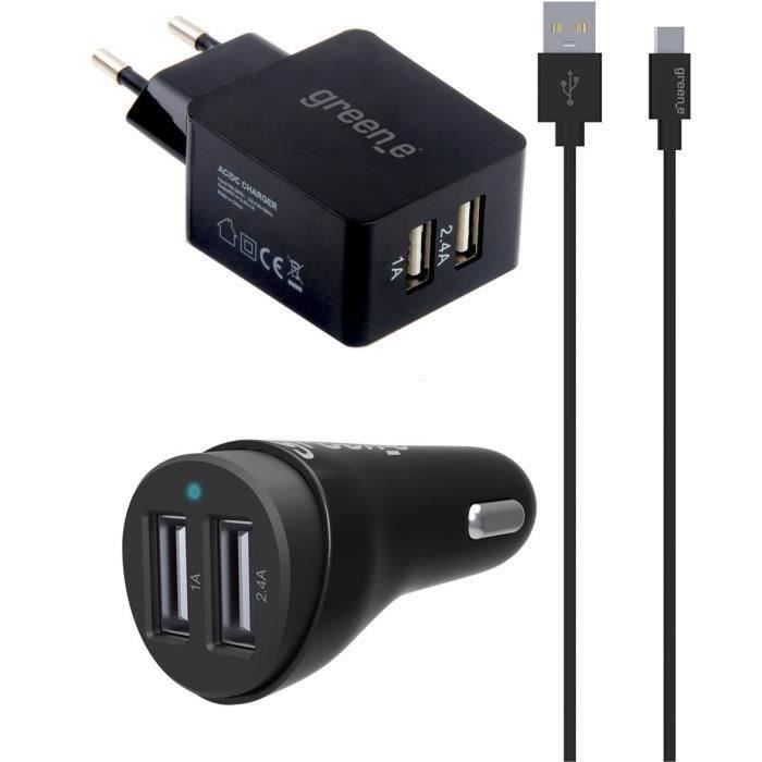 GREEN_E Kit 2 USB fast charge car + secteur + Cable micro USB - 1,3m - Noir