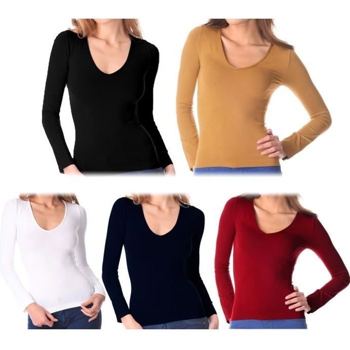 VKA25 Pack de 5 sous-pulls Luna manches longues col V pour femme effet thermique (M-L)