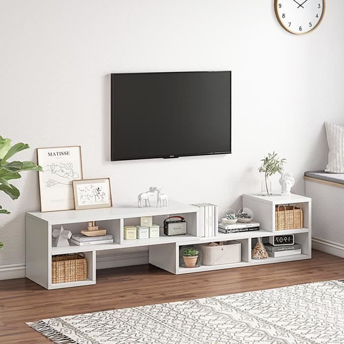 Meuble TV Avec étagères de Rangement Longueur Réglable 120-180 x 30 x 34 cm Blanc
