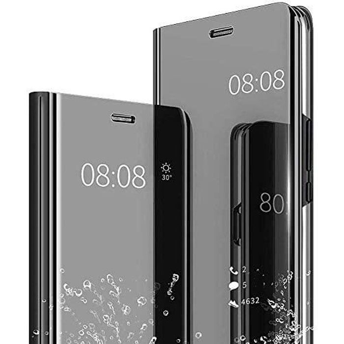 Coque pour Samsung Galaxy A22 5G, Miroir Étui à Rabat 360 Protection Intégrale Clear View Translucide PU Cuir Case Protecteur Noir