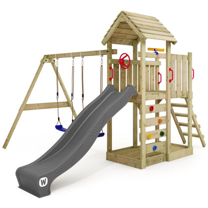 WICKEY Aire de jeux Portique bois MultiFlyer toit en bois avec balançoire et toboggan anthracite Maison enfant extérieure