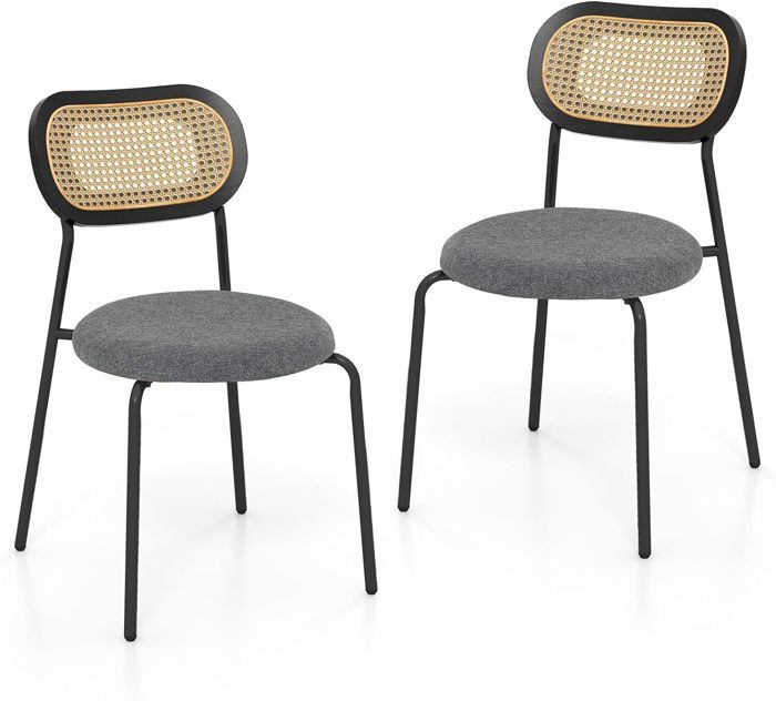 Lot De 4 Chaises De Salle à Manger – Dossier En Rotin PE, Assise Rembourrée, Structure Acier Noir – Design Moderne